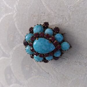 Vintage Genuine Turquoise and Red Gemstone Brooch